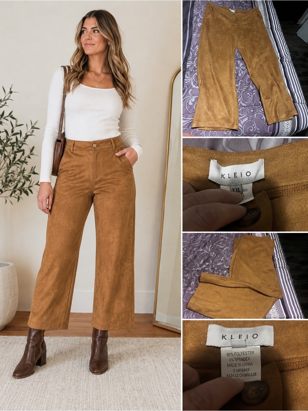 KLEIO Faux Suede Cropped Wide Leg Pants Camel Brown XXL Boho Western